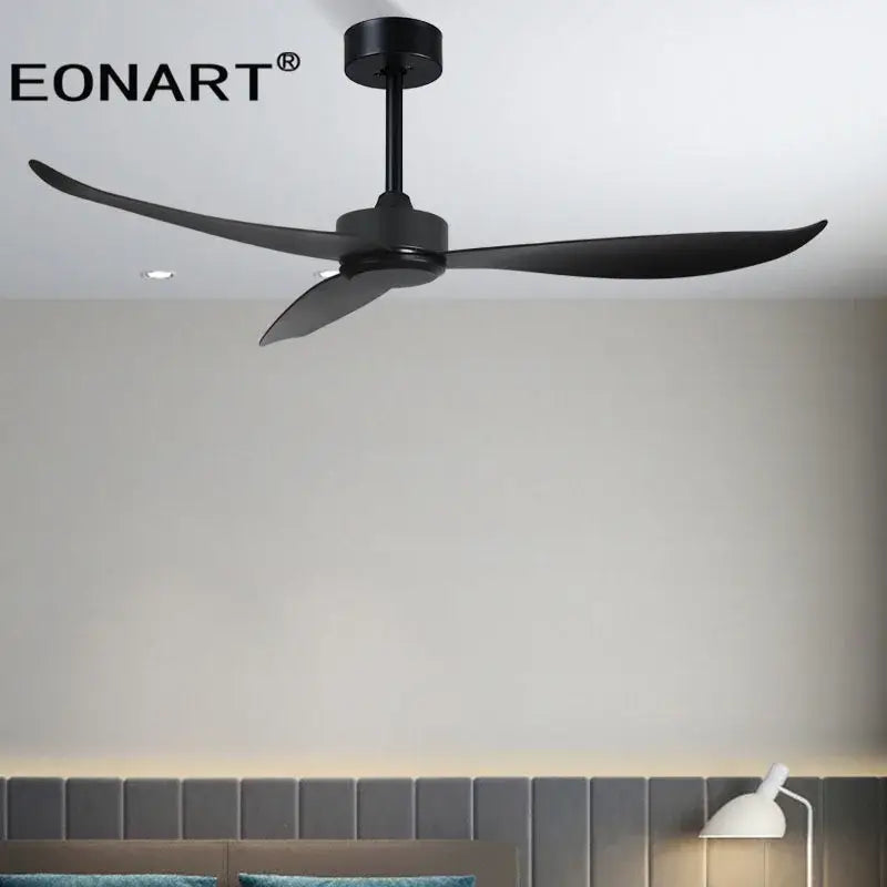 Modern black and white plastic blade ceiling fan with remote control and sleek design for bedroom use