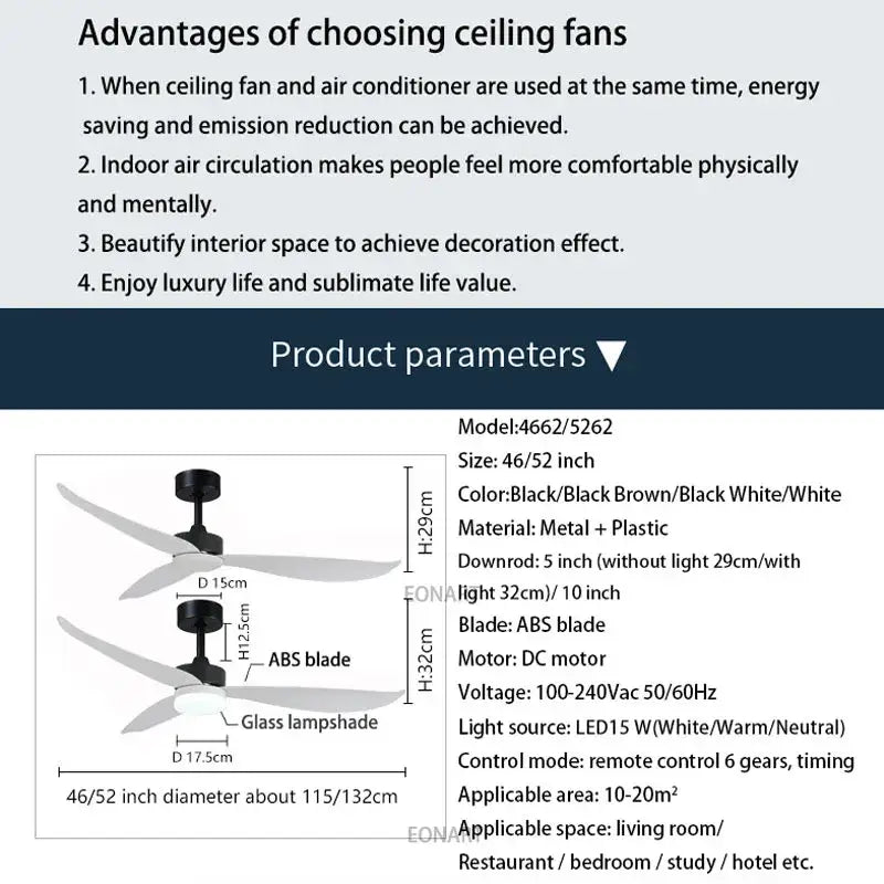 Modern black and white plastic blade ceiling fan with remote control, glass lampshade, black brown black or white options