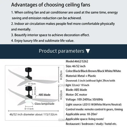 Modern black and white plastic blade ceiling fan with remote control, glass lampshade, black brown black or white options