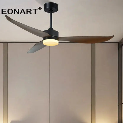 Modern black plastic blade ceiling fan with remote control features three dark wood-toned blades and warm led light for bedroom