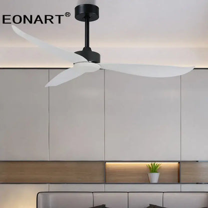 Modern black and white plastic blade ceiling fan with remote control for bedroom featuring sleek design