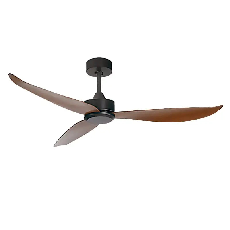 Modern ceiling fan with three brown wooden blades and matte black housing for bedroom use with remote control plastic blade ceiling