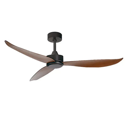 Modern ceiling fan with three brown wooden blades and matte black housing for bedroom use with remote control plastic blade ceiling