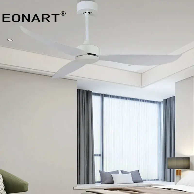 Modern white eonart ceiling fan with sleek plastic blades and remote control ideal for bedroom use