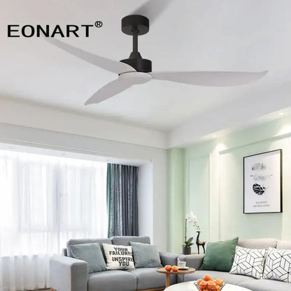Modern black and white plastic blade ceiling fan with remote control featuring sleek design for bedroom use