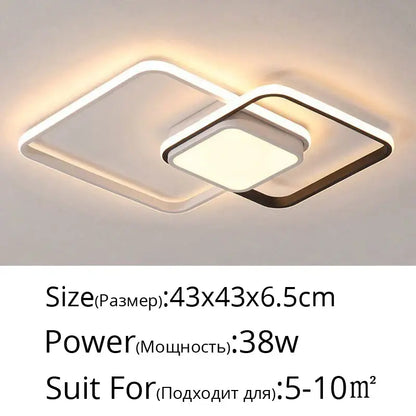 Modern black and white rectangular decorbites led ceiling light with overlapping square frames emitting warm glow for living room