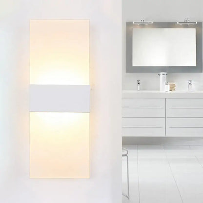 Modern black white rectangular led sconce with sleek white and warm amber illuminated panel for living room wall lamp