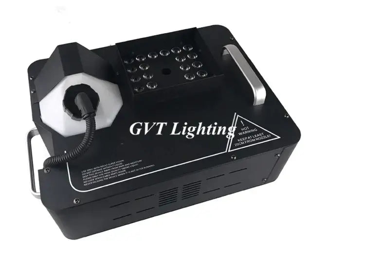 Modern black and white rgb dmx led fog machine with silver handles and white hexagonal nozzle for party room effects