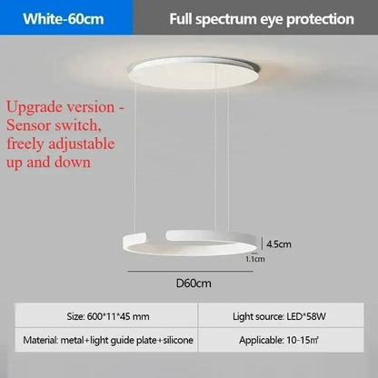 Modern black and white ring pendant light with a white circular LED light source and silicone light guide plate