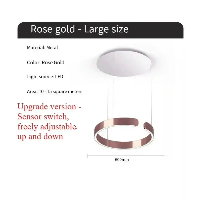 Rose gold metal pendant light with sleek circular design and led light source for modern dining room illumination