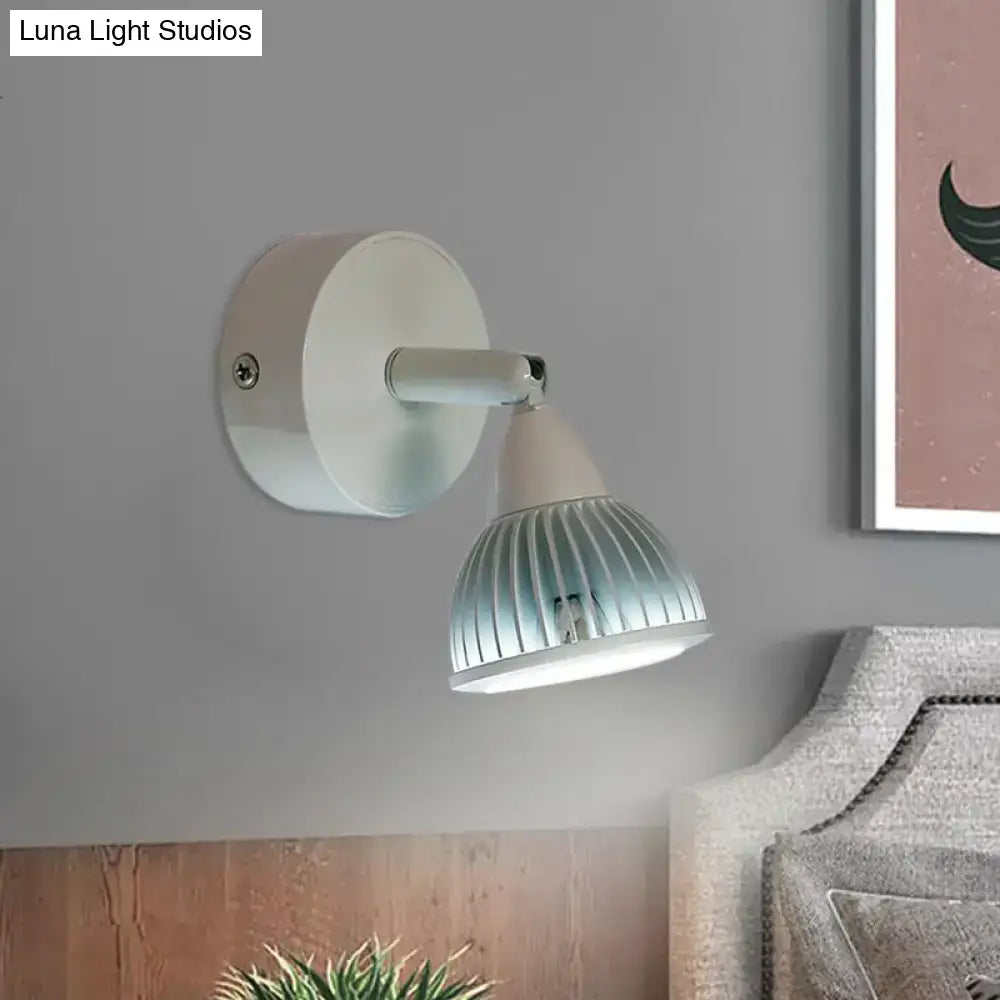 White wall-mounted spotlight with ribbed translucent glass shade in modern black white rotatable wall light for bedroom use