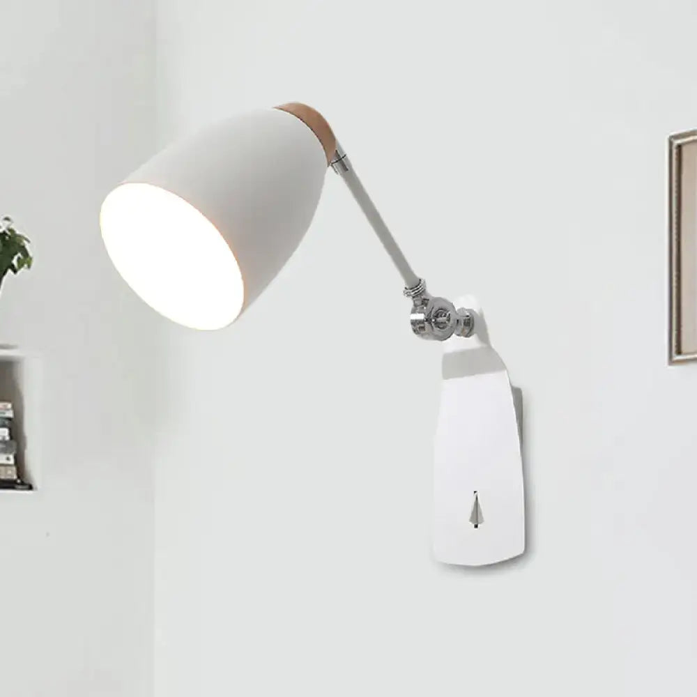 Modern white black wall lamp with matte finish, chrome arm, wooden accent, rotatable wall mounted light for bedroom