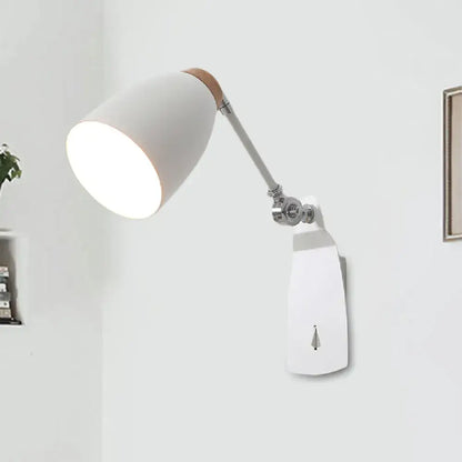 Modern white black wall lamp with matte finish, chrome arm, wooden accent, rotatable wall mounted light for bedroom
