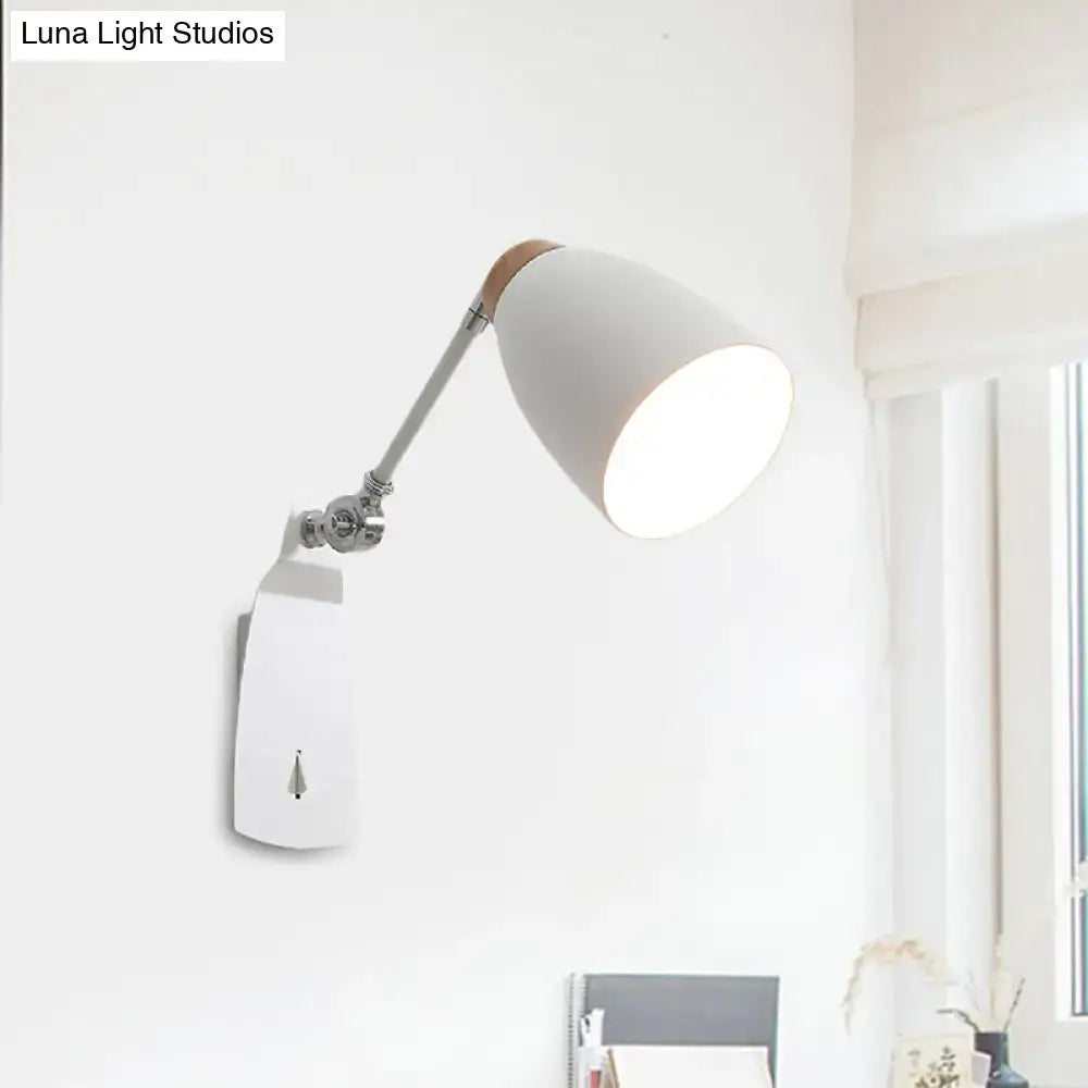 White black wall mounted light with matte finish and wooden accent featuring adjustable arm for modern bedroom use