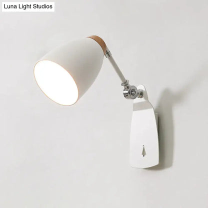 Modern white black wall mounted light with adjustable arm and wooden accent for bedroom reading lamp