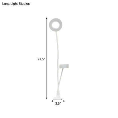 White flexible gooseneck ring light with adjustable phone holder and clip base for modern black and white round usb mirror lamp