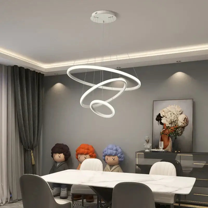 Modern black and white pendant chandelier with three interlocking circular rings decorbites black ring pendant light for living room
