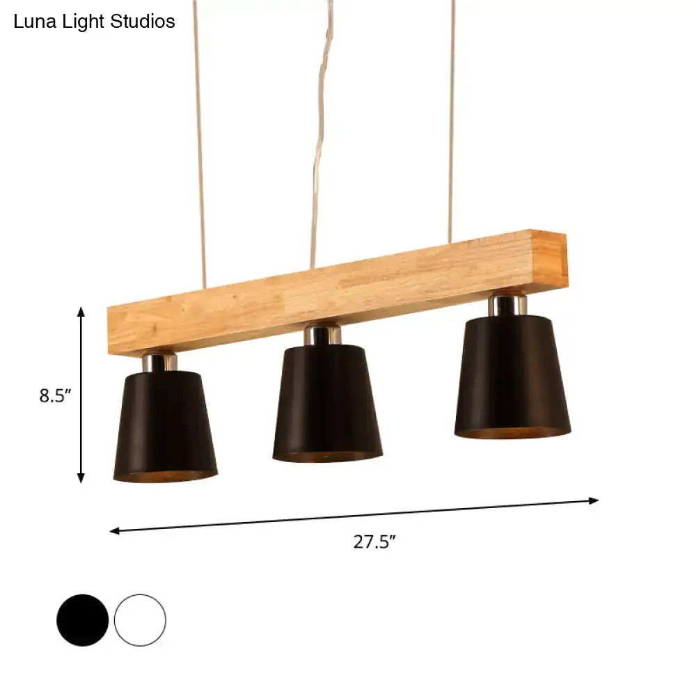 Modern three-light tapered indoor ceiling light with natural wood beam and matte black conical shades by decorbites