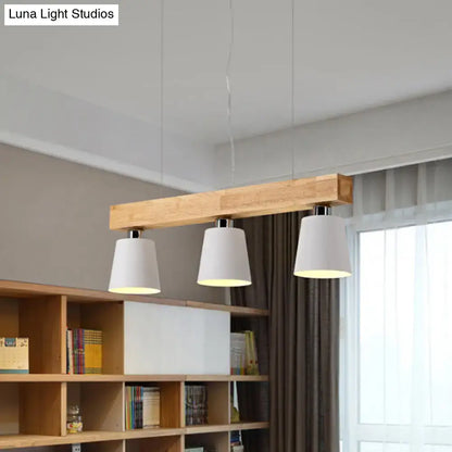 Decorbites modern tapered indoor ceiling light with three white conical shades and black white wooden beam
