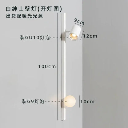White minimalist wall lamp with black white wooden design featuring adjustable spotlight and spherical bulb for living room decorbites