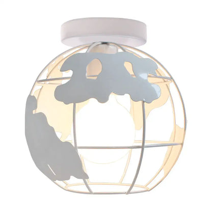 Modern black and white world map globe ceiling light shade with metal wireframe and gray continent silhouette