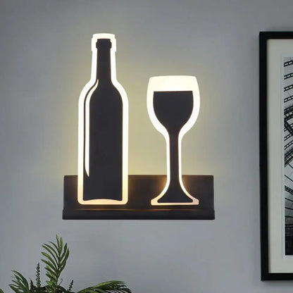 Modern black white chrome sconce light with illuminated bottle and wine glass silhouettes for dining room fixture height