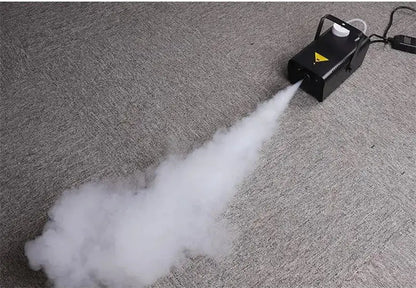 Modern black wireless fog machine pump emitting thick white smoke for living room party stage use