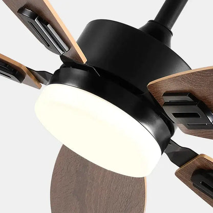 Modern black and wood blade ceiling fan with integrated led light fixture for living room use