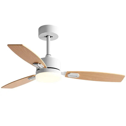 Modern black and wood blade ceiling fan with three light-colored wood blades and LED light for living room use