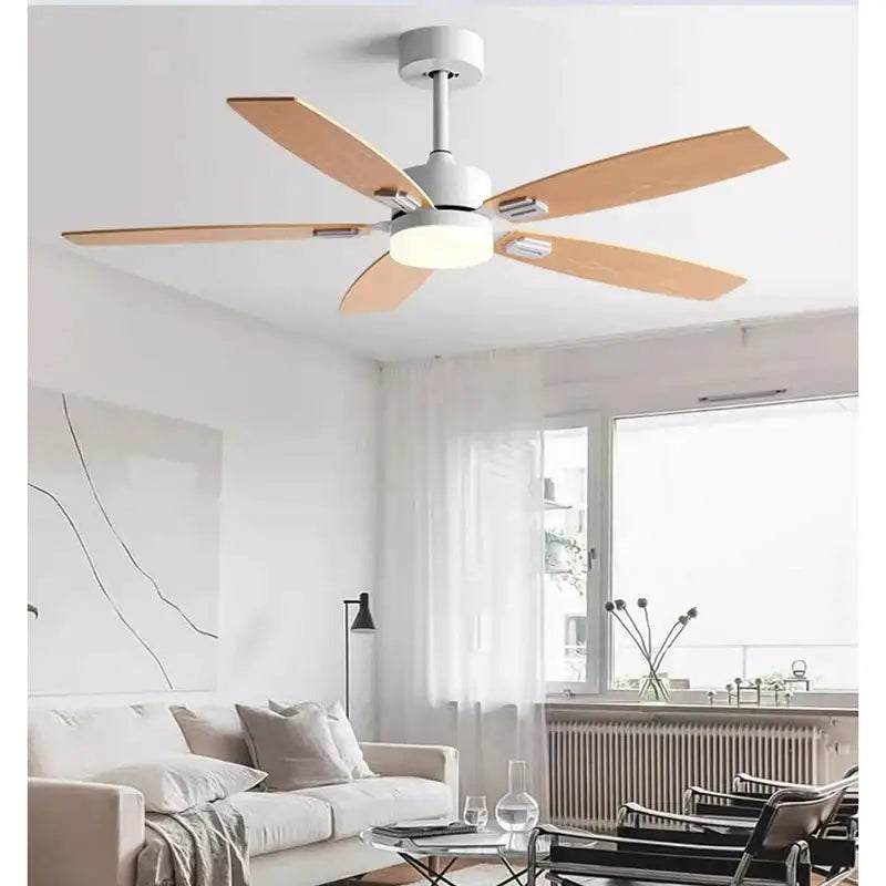 Modern black blade ceiling fan with five light-colored wood blades and white led light housing for living room use