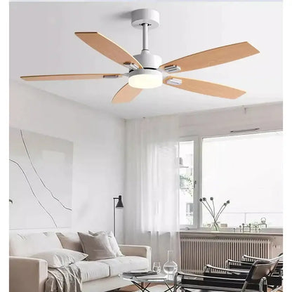 Modern black blade ceiling fan with five light-colored wood blades and white led light housing for living room use