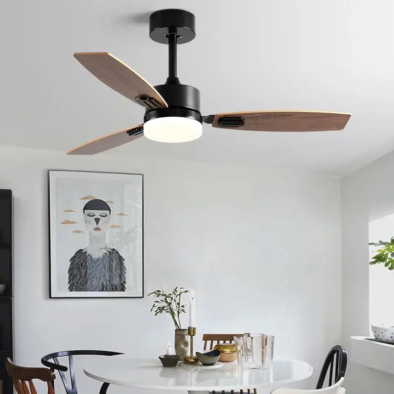 Modern black and wood blade ceiling fan with integrated led light for living room with sleek ceiling fan design