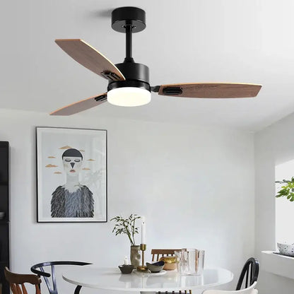Modern black and wood blade ceiling fan with integrated led light for living room with sleek ceiling fan design