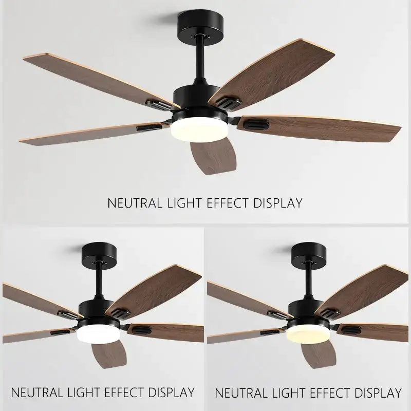 Modern black ceiling fan with five dark wood blades and integrated led light for living room wood blade ceiling fan