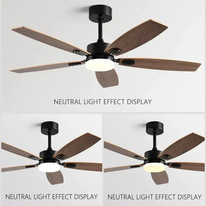 Modern black ceiling fan with five dark wood blades and integrated led light for living room wood blade ceiling fan