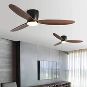Modern black and wood ceiling fan with three wooden blades and 35w dc motor remote control for living room use