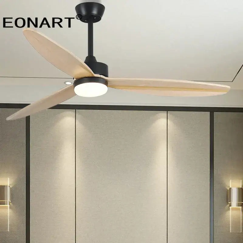 Modern black wood ceiling fan with led light and remote control featuring black and light wood blades for bedroom use