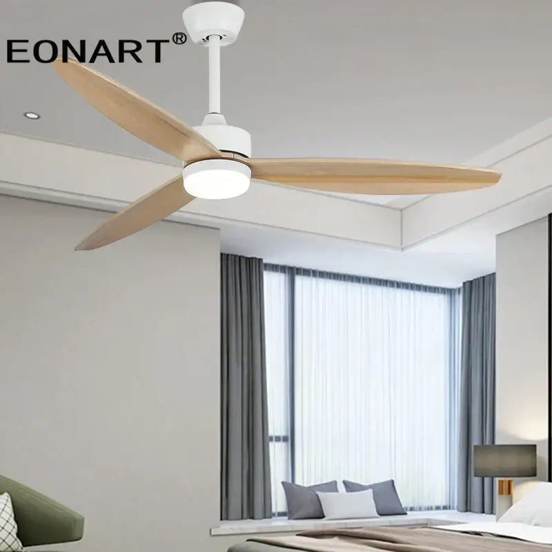 White eonart ceiling fan with natural wood blades and led light for bedroom with remote control operation