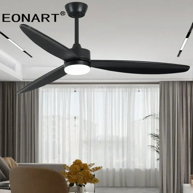 Modern black wood ceiling fan with sleek blades, led light, and remote control for bedroom use