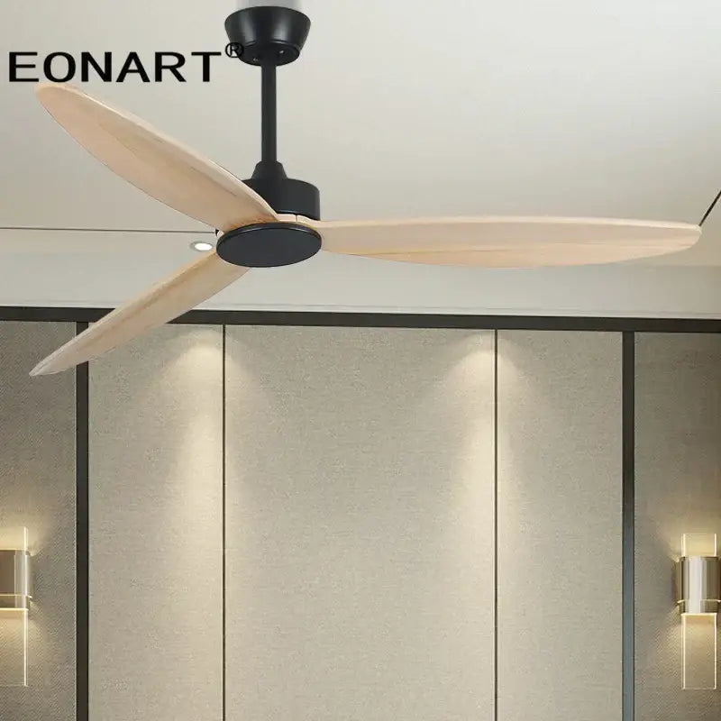 Modern black wood ceiling fan with led light and remote control featuring a sleek black and light wood design for bedroom use