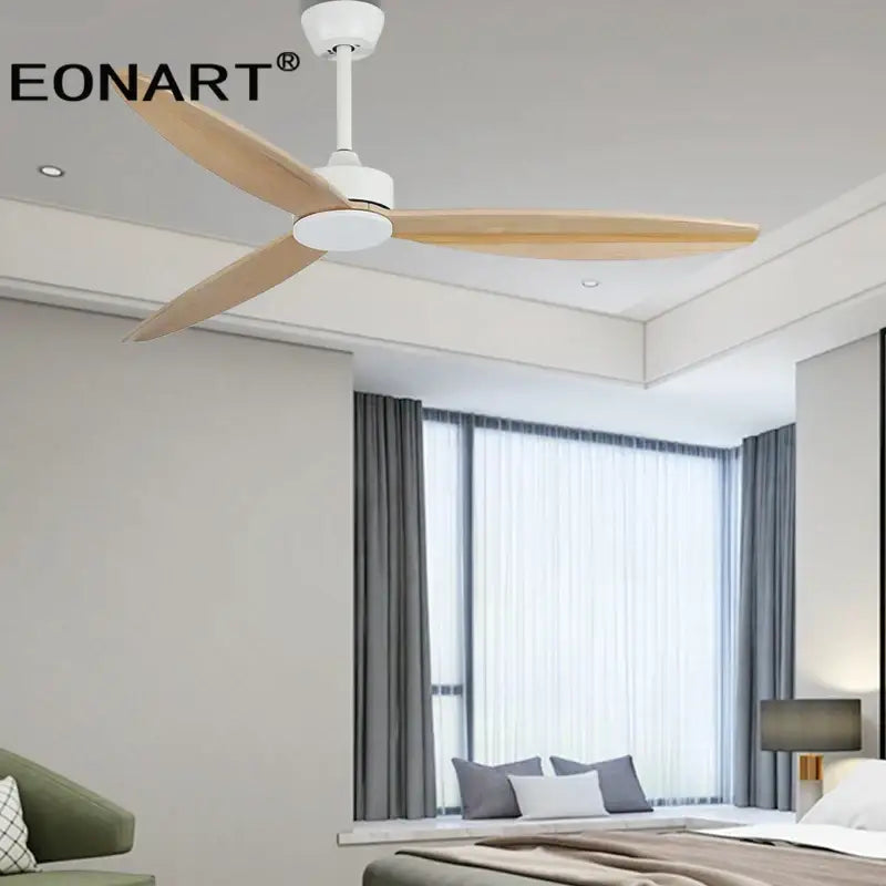 White and light wood eonart ceiling fan with three blades featuring led light and remote control for modern bedrooms