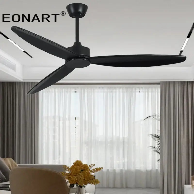 Modern black wood ceiling fan with sleek blades featuring led light and remote control for bedroom use