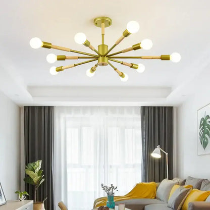 Gold-toned modern ceiling light with multiple arms and exposed bulbs for decorbites led wooden ceiling use in living room