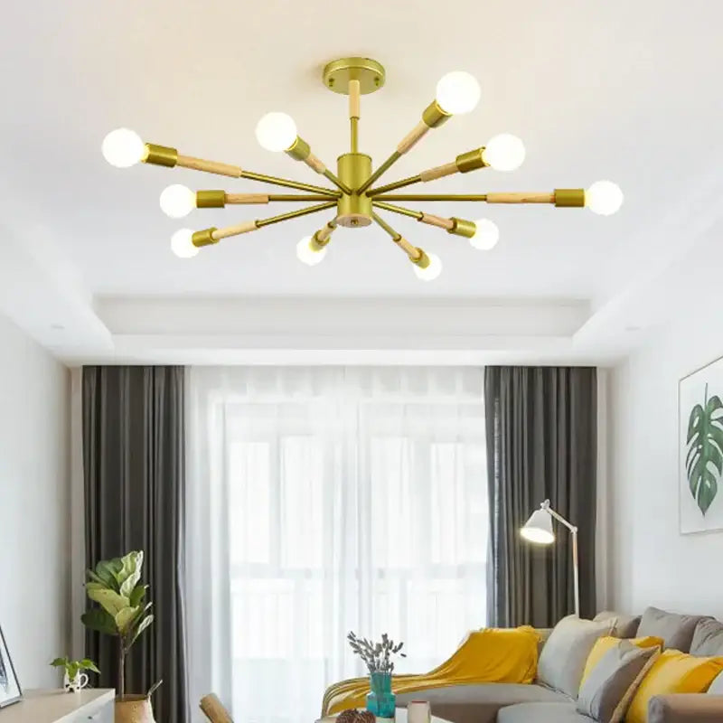 Gold-toned modern ceiling light with multiple arms and exposed bulbs for decorbites led wooden ceiling use in living room