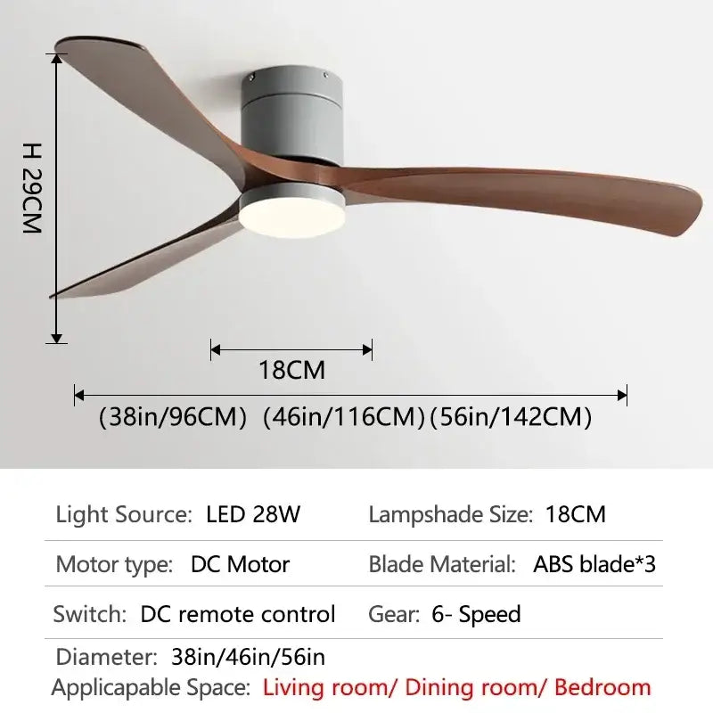 Modern ceiling fan with three dark brown abs blades matte gray housing led light and remote control for bedroom use