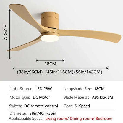 Modern black wooden ceiling fan with three light-colored blades led light and remote control for bedroom use