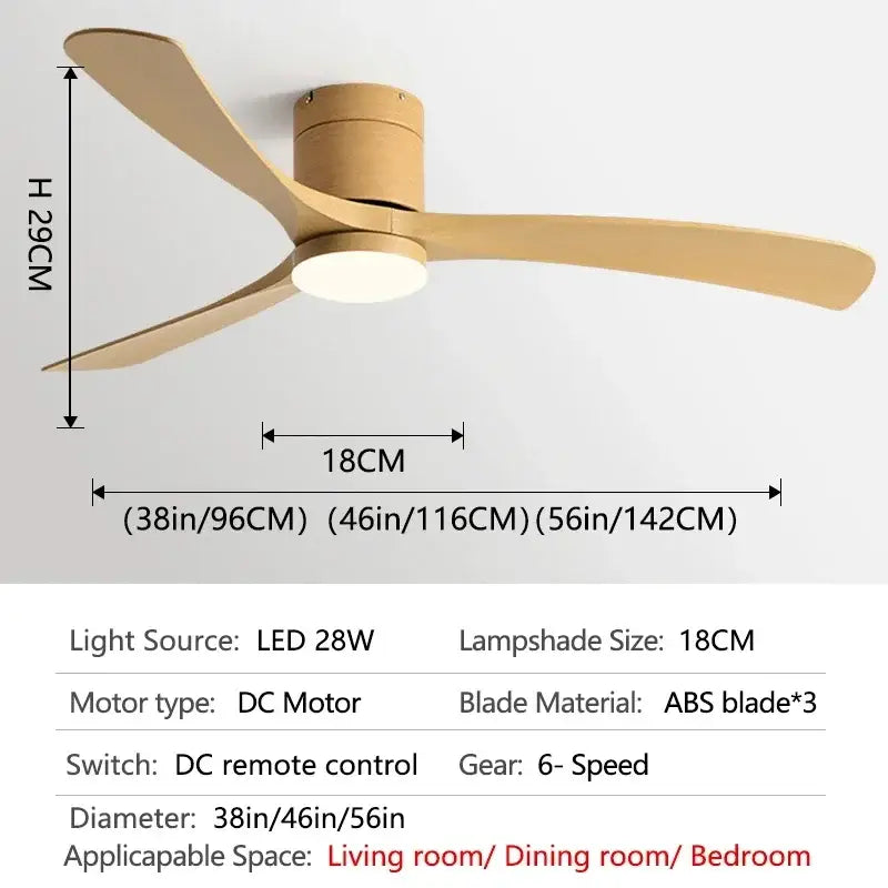 Modern black wooden ceiling fan with three light-colored blades led light and remote control for bedroom use