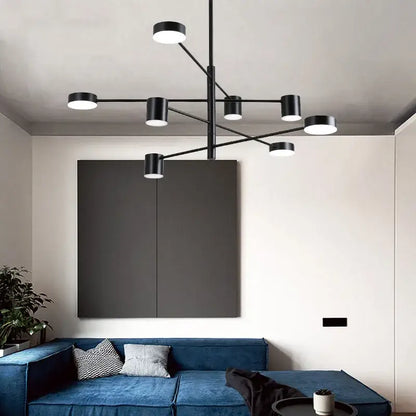 Modern black wrought iron chandelier with multiple cylindrical lights and minimalist design for living room radial light