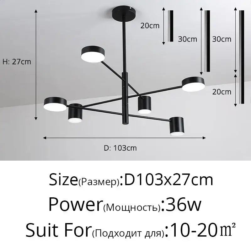 Modern black wrought iron chandelier with six cylindrical lights and central pole designed for contemporary living rooms