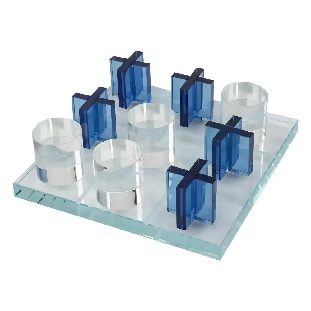 Modern blue acrylic decorbites crystal chessboard featuring a glass tic-tac-toe set with translucent blue and clear pieces